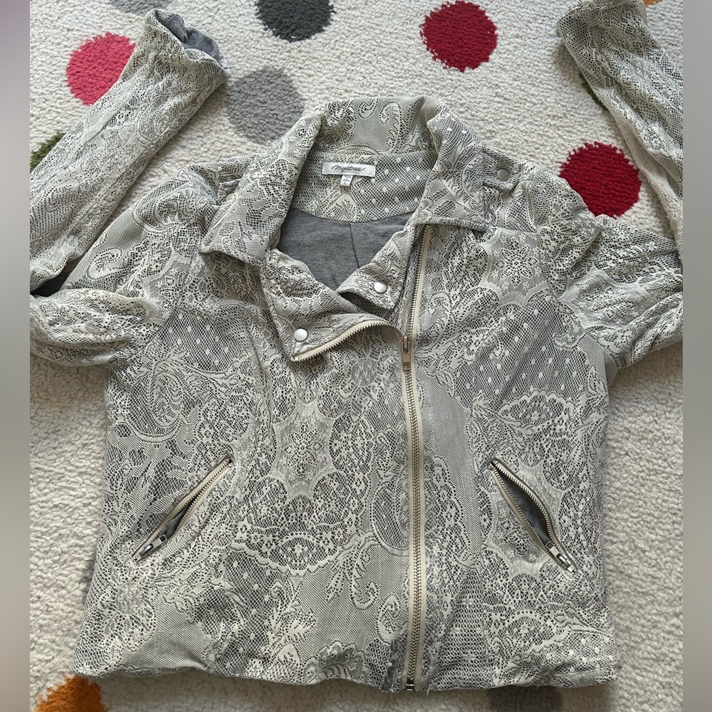 Cropped lace & jersey moto-style jacket